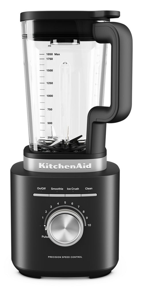 KitchenAid Pure Power KSB2070BM Black Matte base with its 62-ounce glass jar.