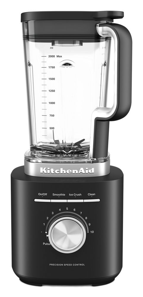 KitchenAid Pure Power KSB2072BM Black Matte base with its 68-ounce BPA-free plastic jar.