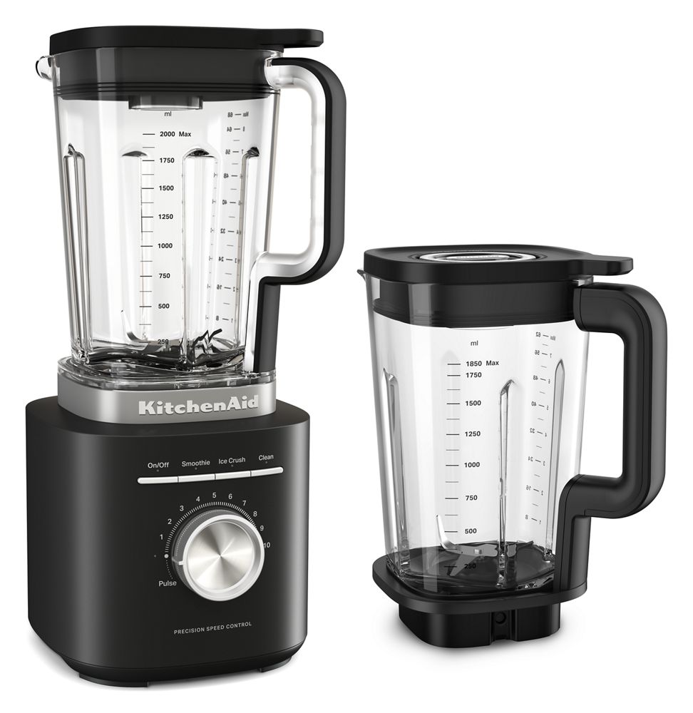 KitchenAid Pure Power KSB2076BM Black Matte base with separate 68-ounce plastic and 62-ounce glass jars.