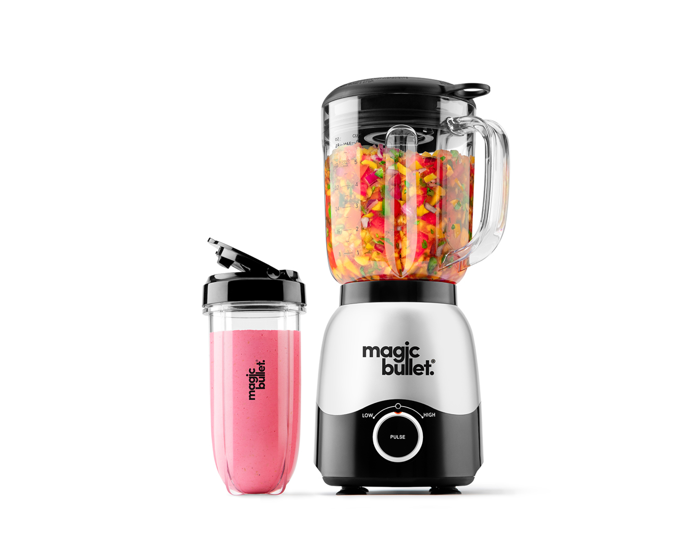 Silver magic bullet Combo Blender MBF50200TH with its pitcher and separate single-serve cup