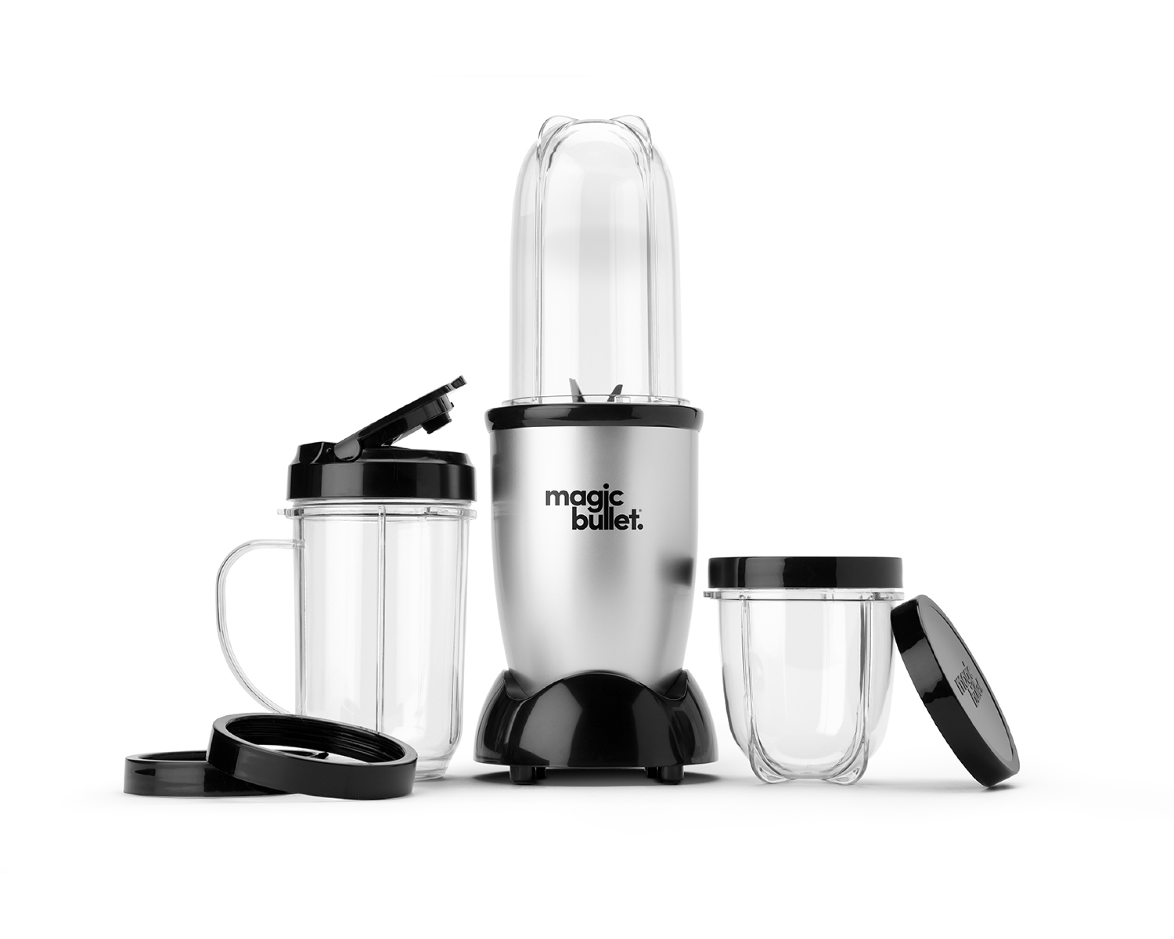Official image of the Silver magic bullet base and clear cup set; it illustrates the product family, not a verified carton contents list.