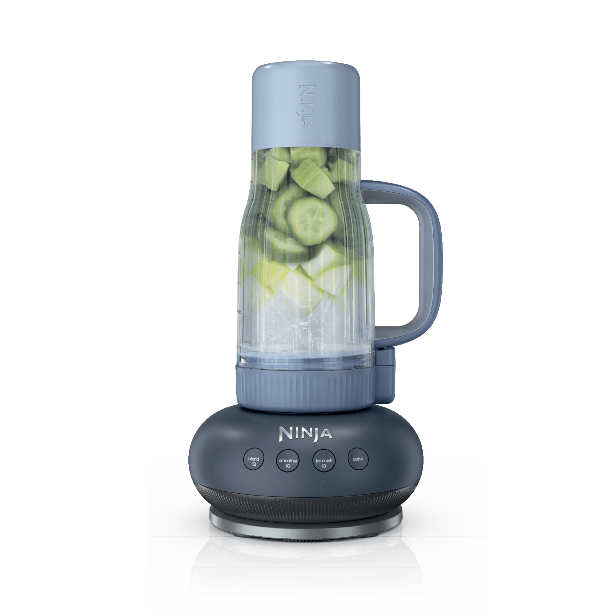 Ninja BlendBOSS DB301CY Cyberspace tumbler blender with handled blending vessel and motor base.