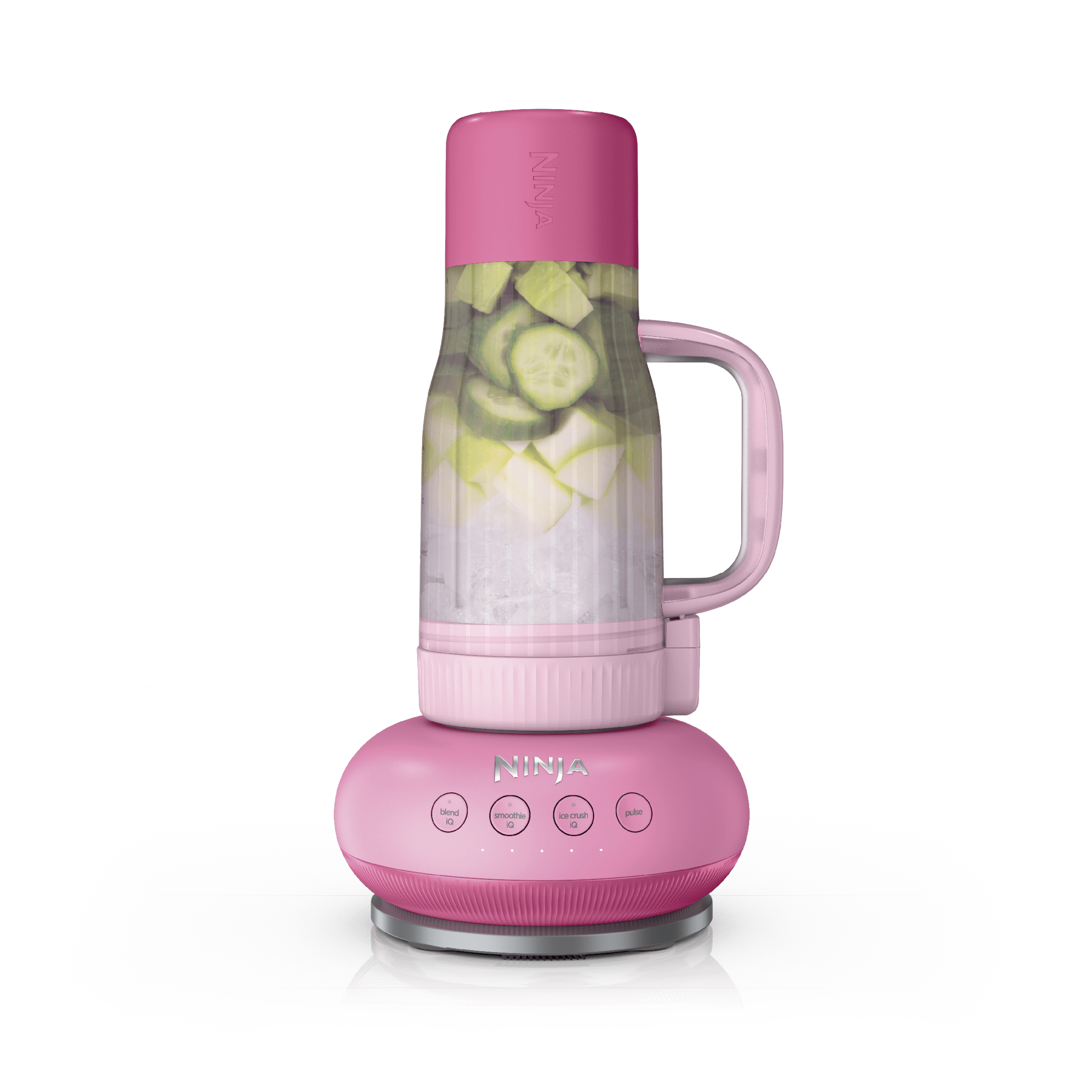 Pink Ninja BlendBOSS DB351PK2 base with four labeled buttons and handled tumbler attached