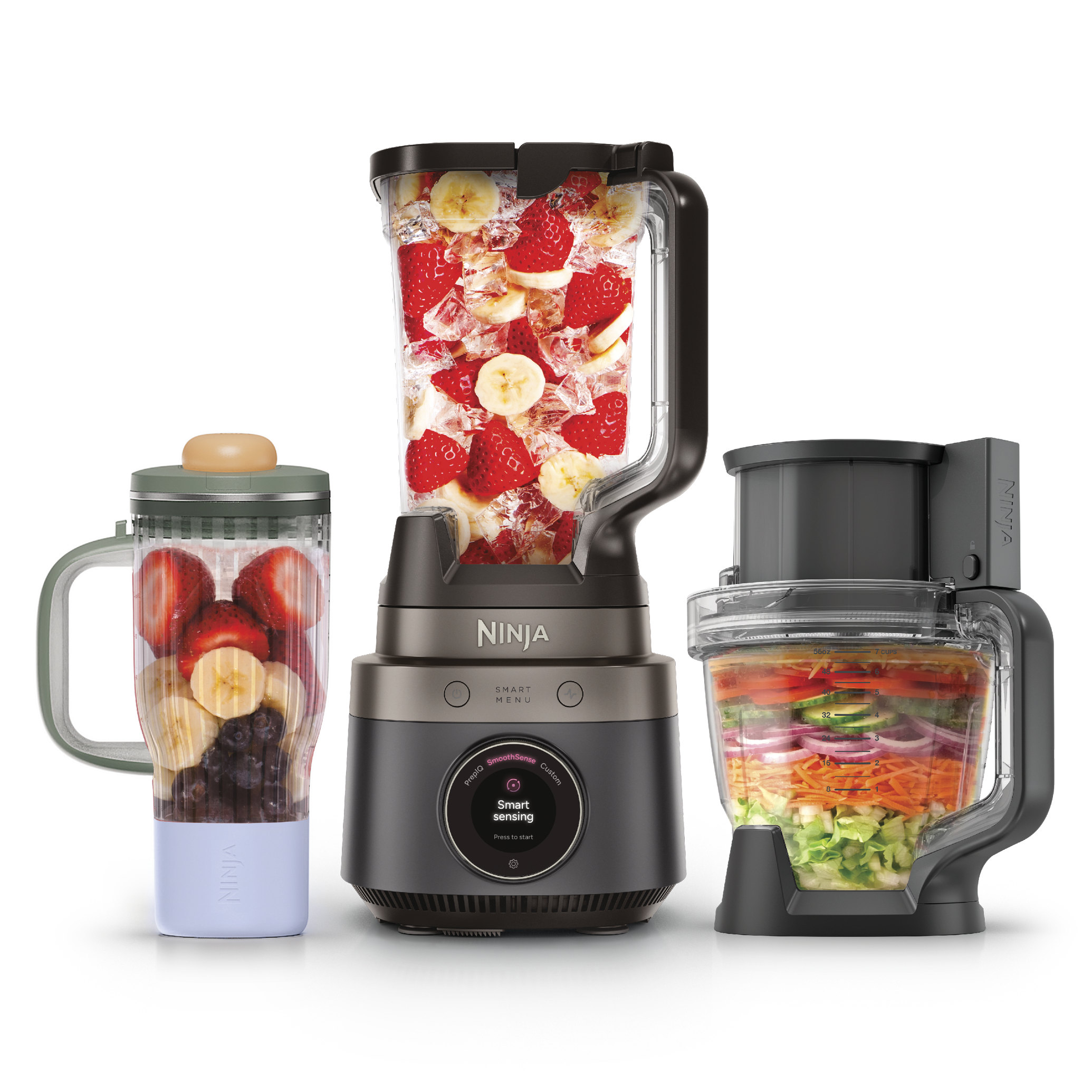 Ninja CrushBOSS LB401BK Onyx 3-in-1 base with pitcher, tumbler and processor bowl in a manufacturer product composition