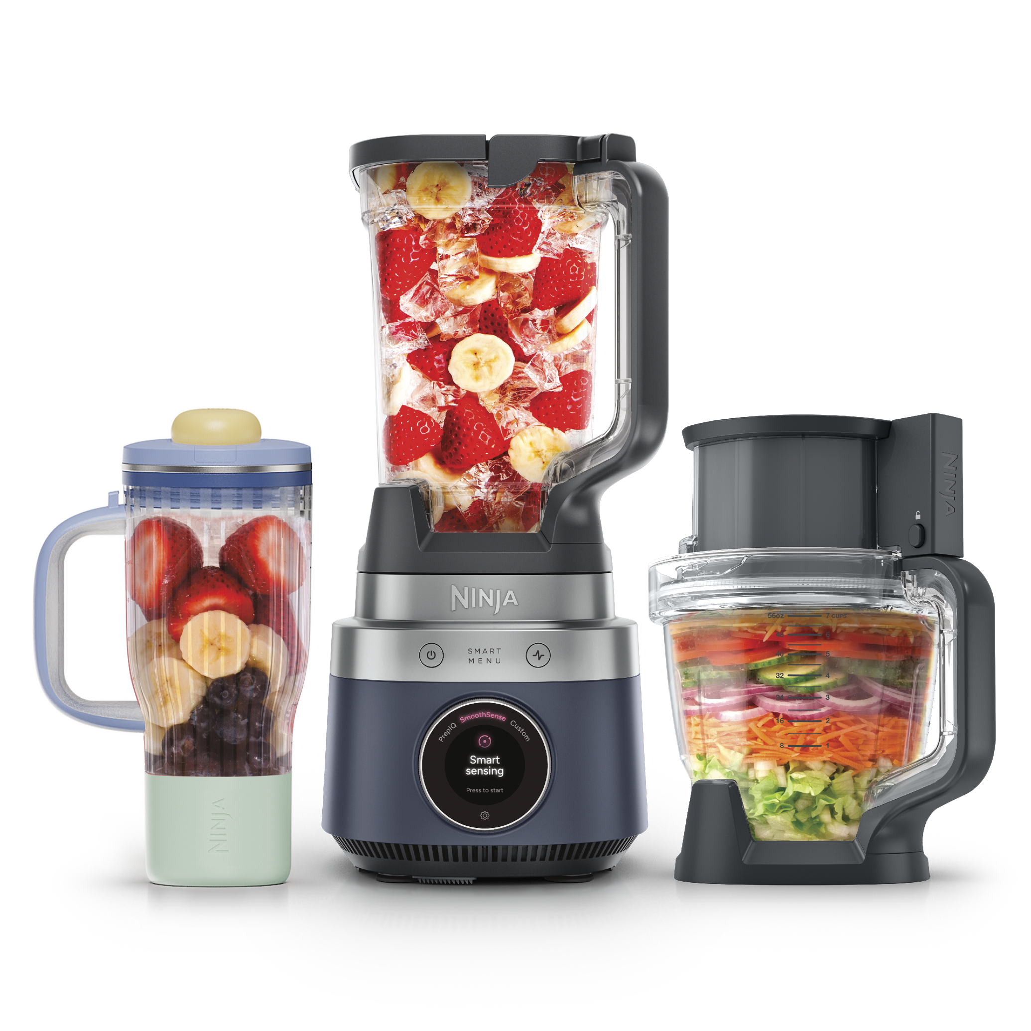 Ninja CrushBOSS LB401BL Midnight Blue 3-in-1 base with pitcher, tumbler and processor bowl in a manufacturer product composition