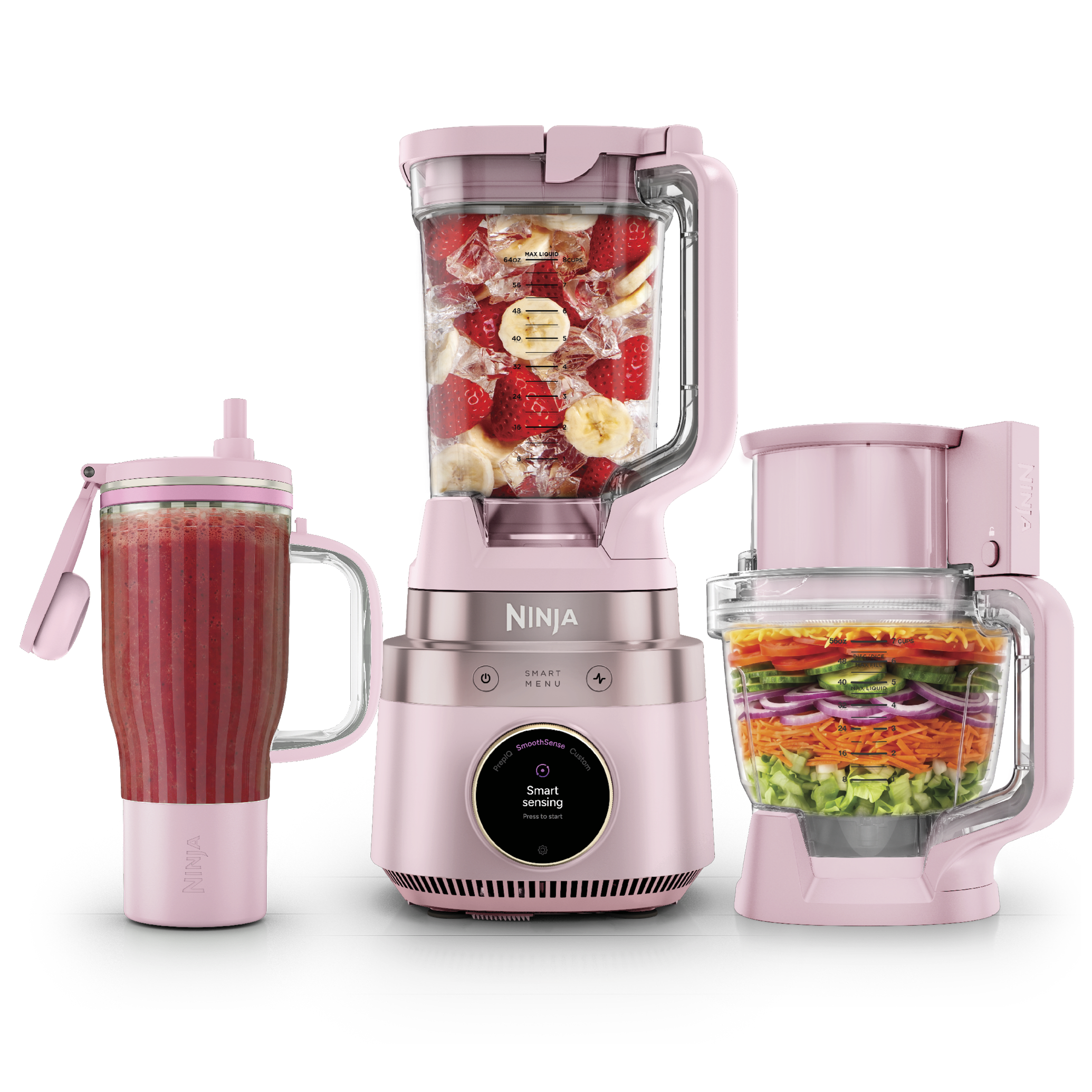 Pink Ninja CrushBOSS LB401PKBRN 3-in-1 system with pitcher, tumbler and processor bowl in an official manufacturer composition.