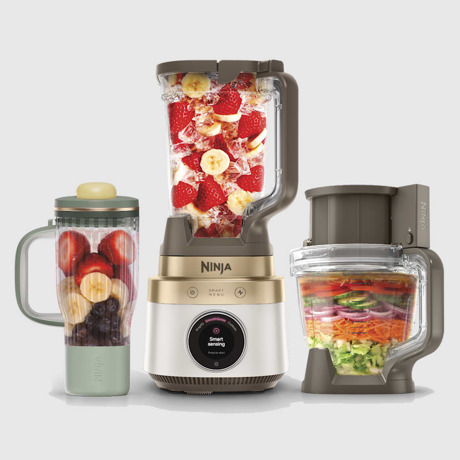 Stone & Gold Ninja CrushBOSS LB401WH base with pitcher, BlendBOSS tumbler and processor bowl; AutoPrecision dicing kit is not included in this 3-in-1 package.