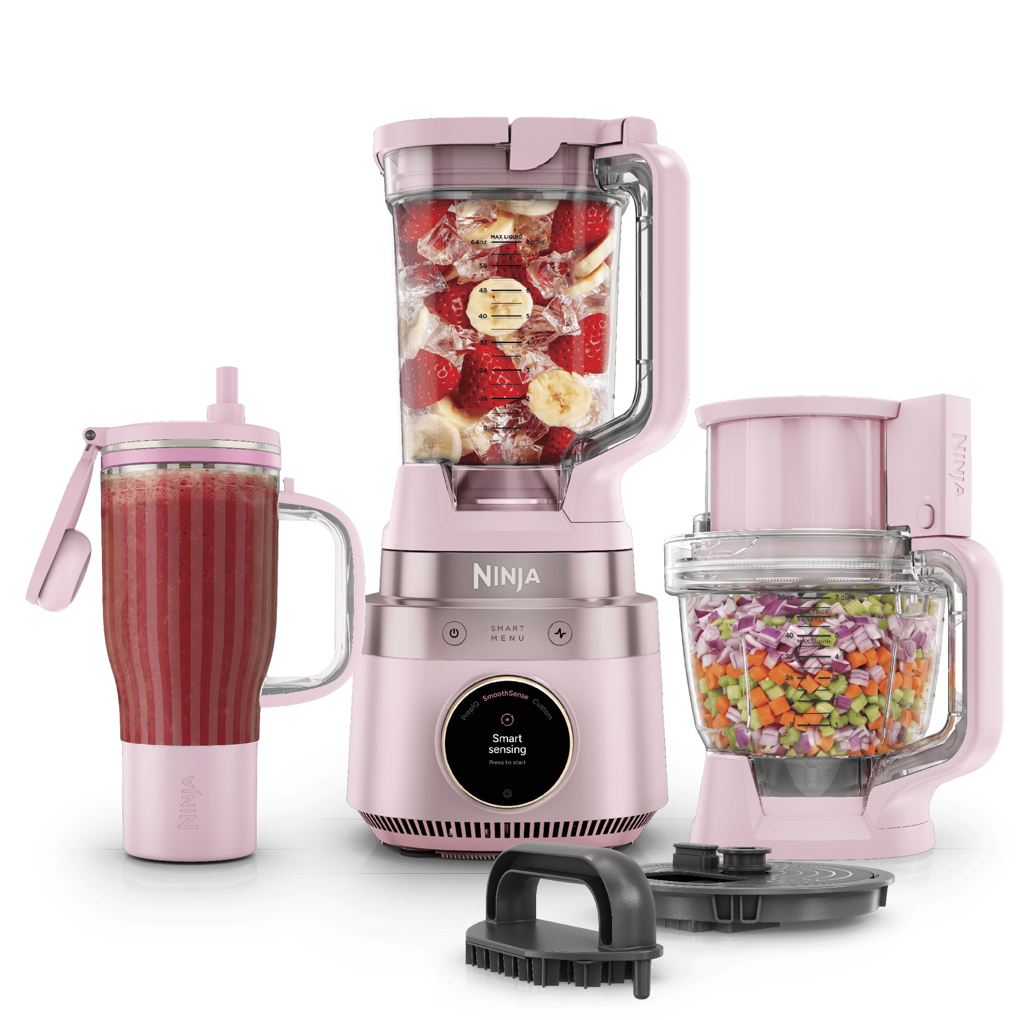 Pink Ninja CrushBOSS LB451PKBRN 4-in-1 system with XL pitcher, tumbler, processor bowl and dicing kit in a manufacturer composition.