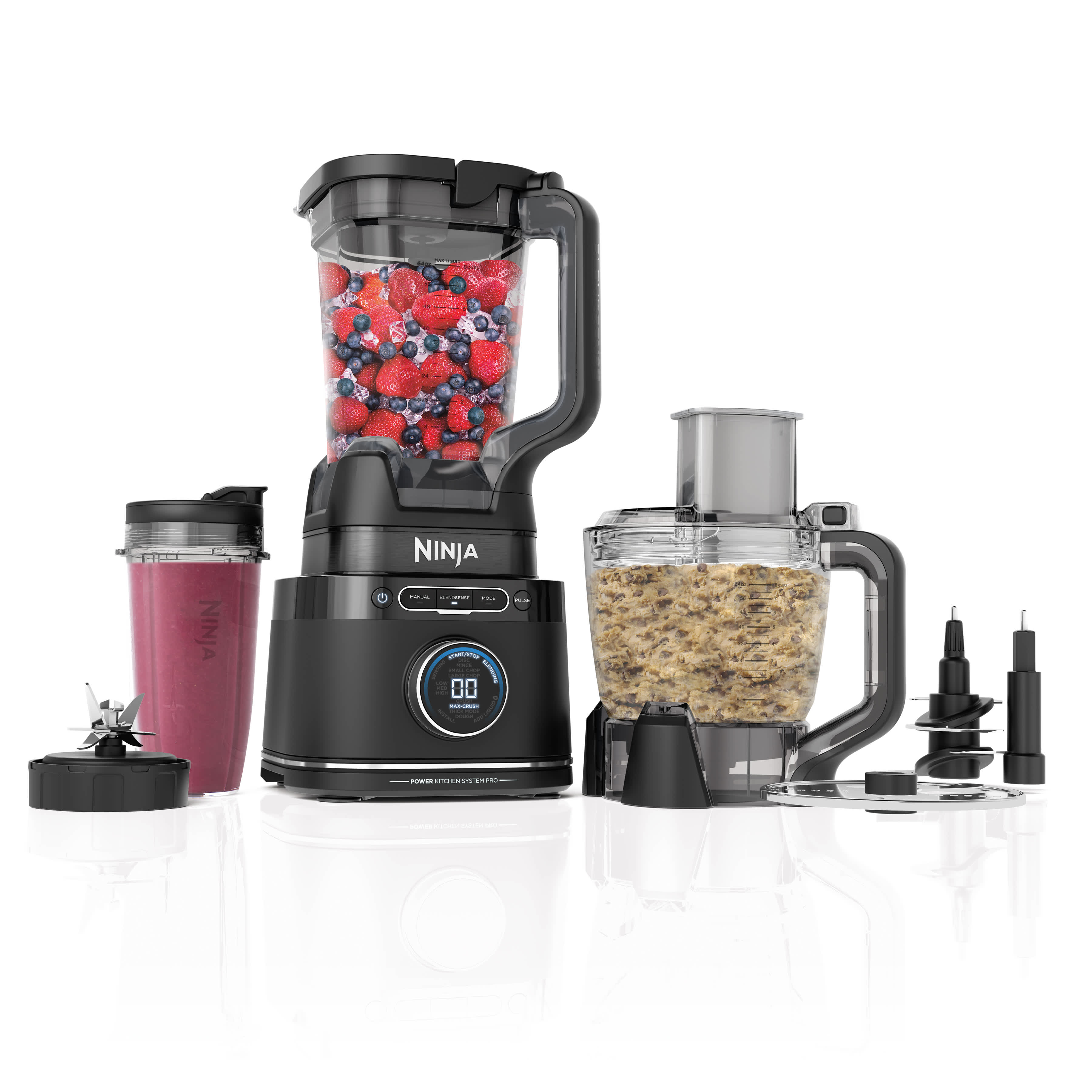 The exact TB401 main asset shows the black base, pitcher, one clear blending cup and the separate processor bowl, feed chute, pusher, disc, blade tools and spindle