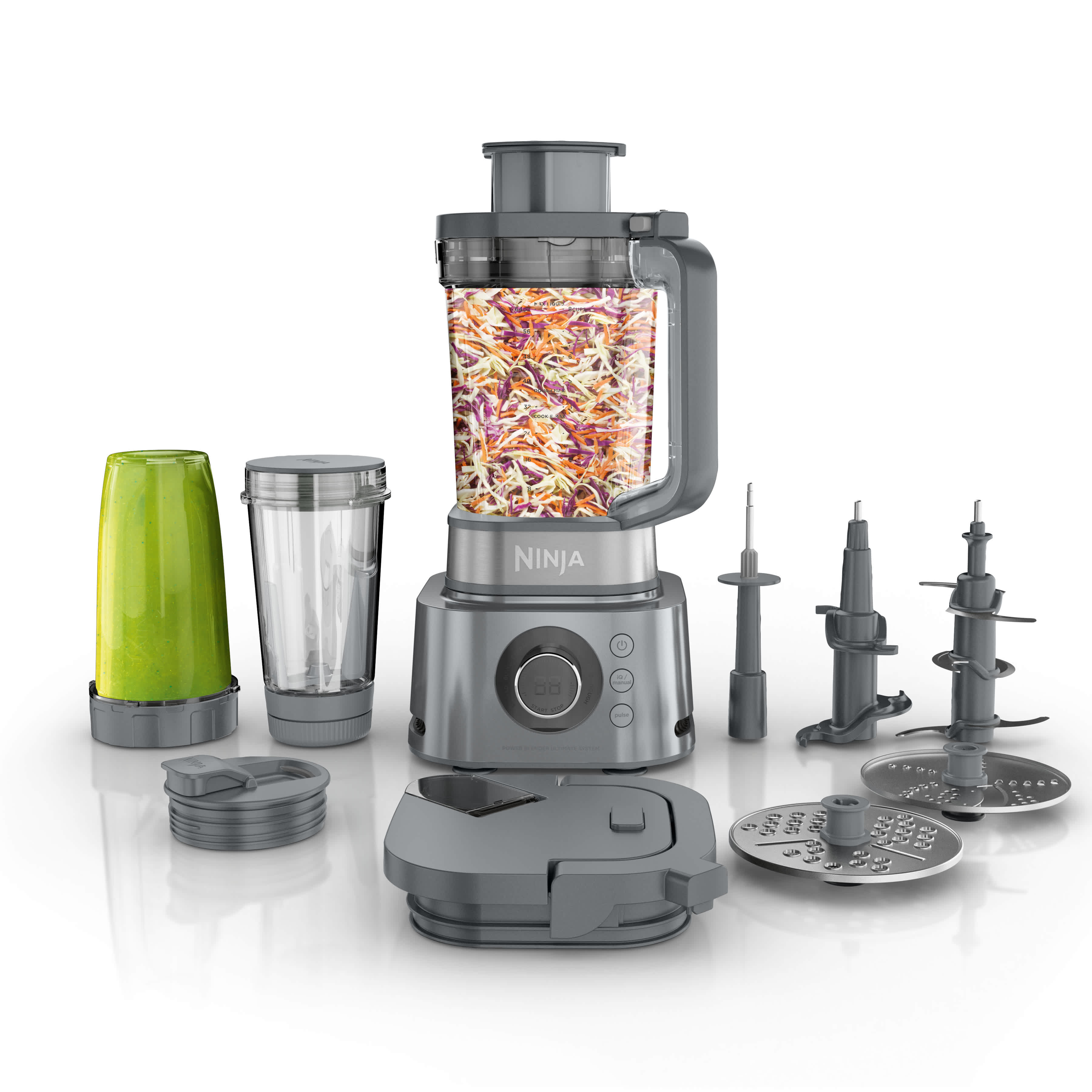 Ninja Foodi SS401 Platinum blender with pitcher, 24-ounce cup, 18-ounce XL smoothie-bowl maker and processor discs.