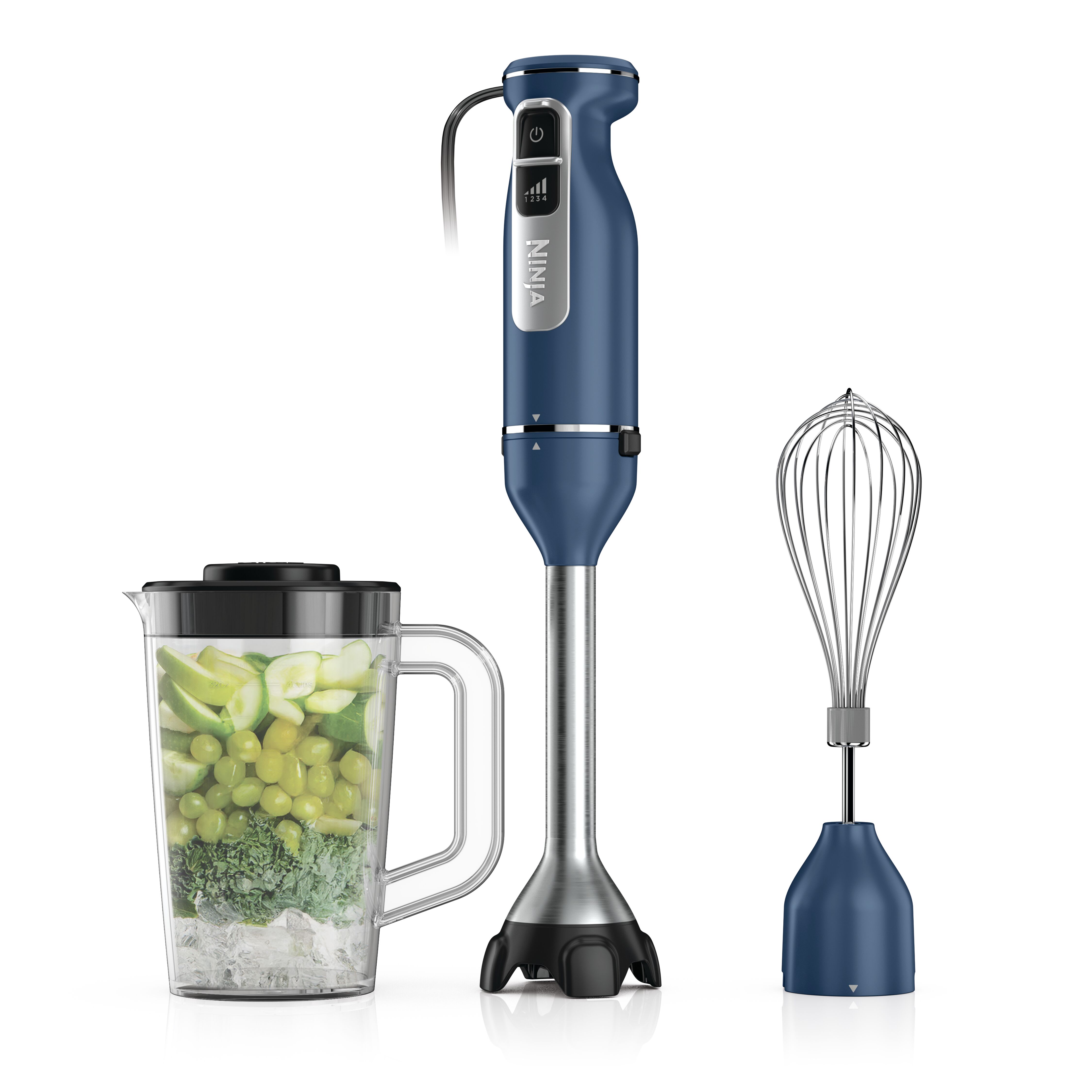 Ninja Power Immersion Blender CI201ND in Deep Navy with blending arm, whisk and blending vessel.