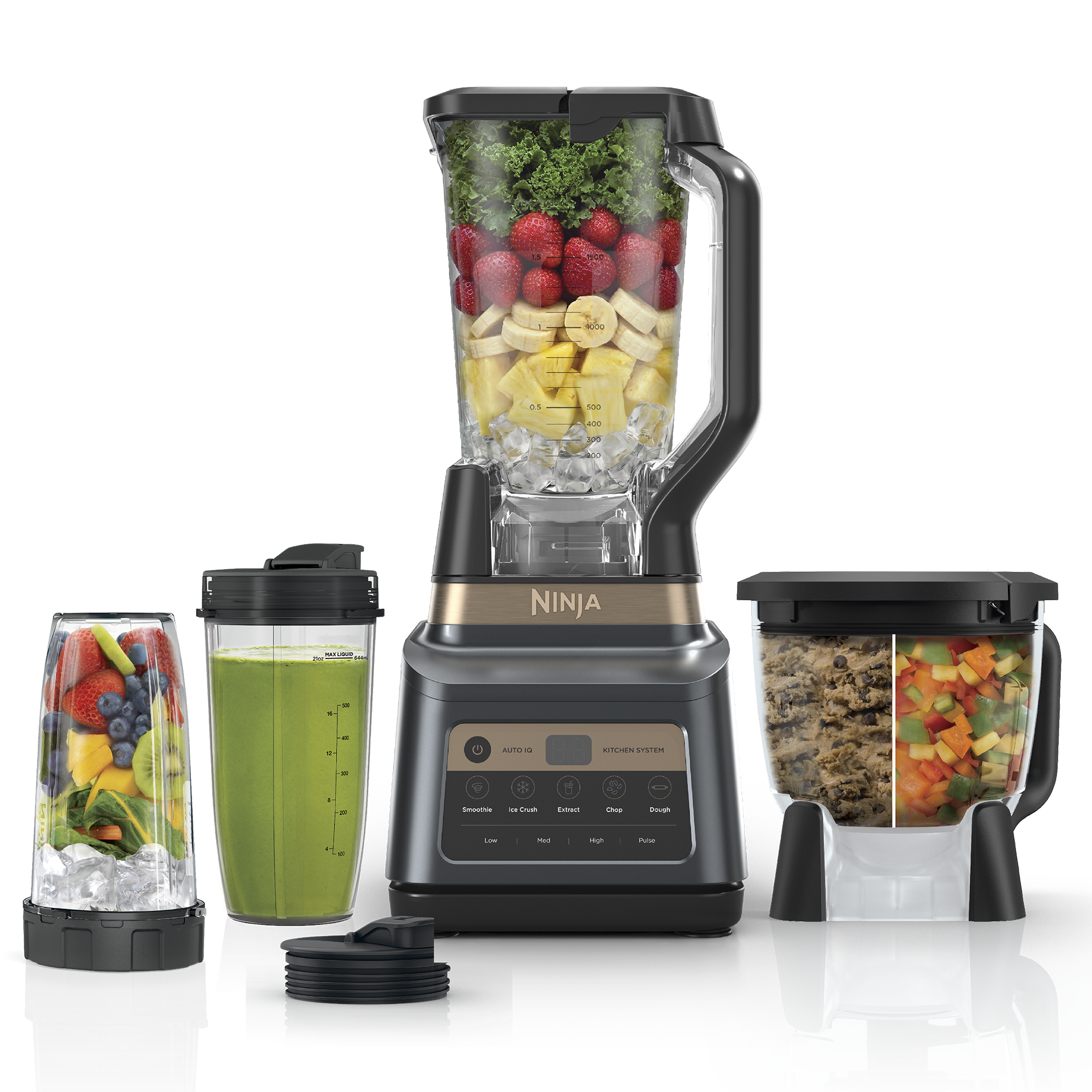 Graphite Ninja Professional Plus Premier BN801GYBRN with 72-ounce pitcher, two single-serve cups and processor bowl in a SharkNinja product composition.