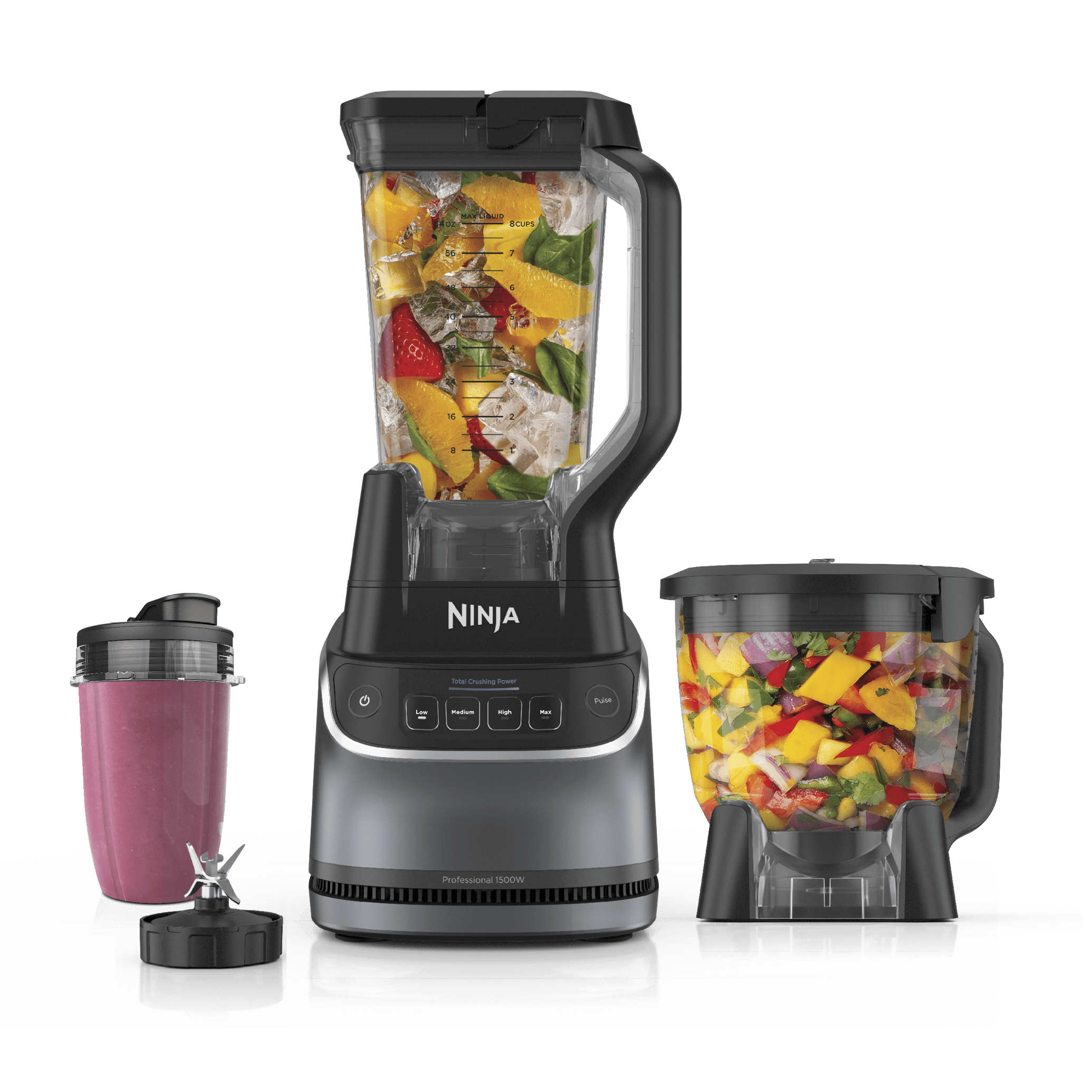 Ninja UltraCrush BP401 machine-gray base, pitcher, single-serve cup and processor bowl; staged ingredients are not package contents.