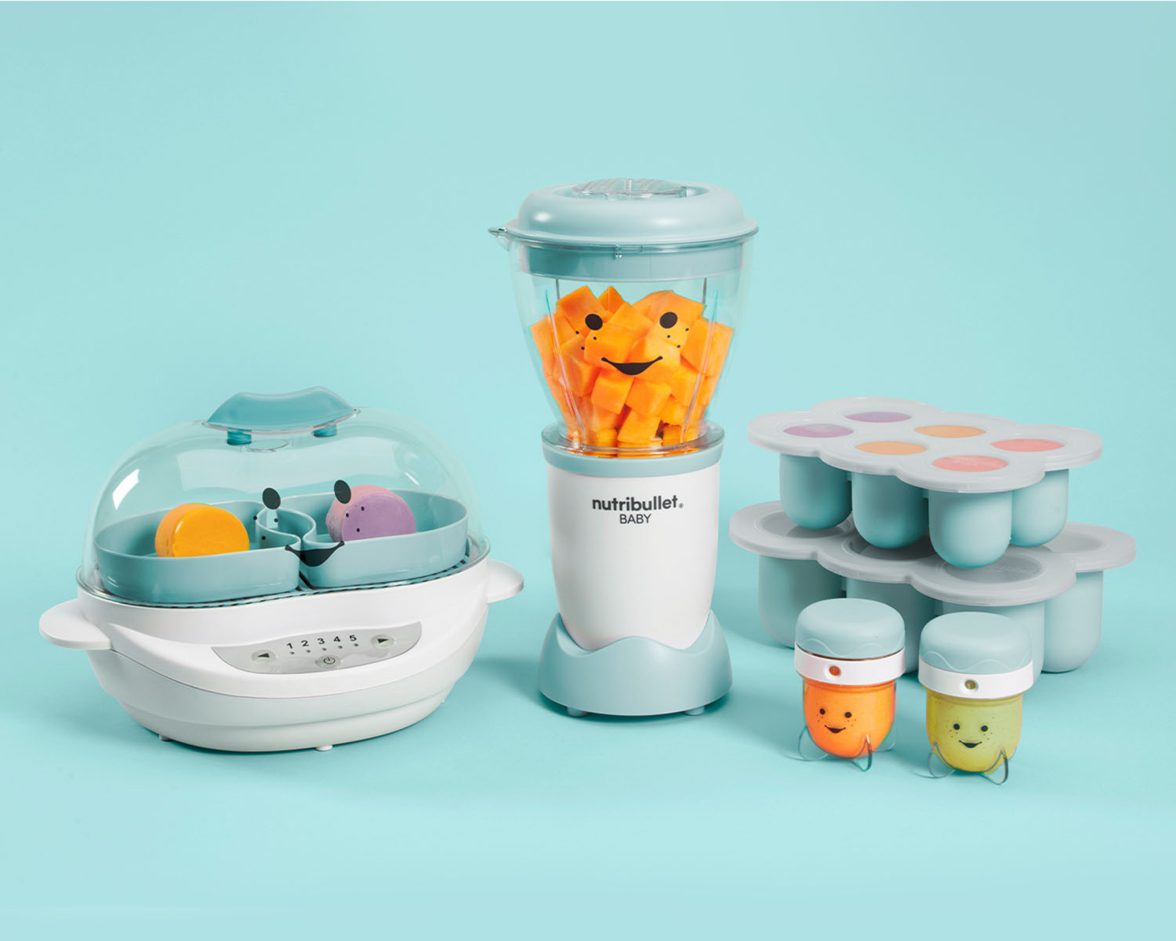nutribullet Baby blender base pictured with separate Turbo Steamer and storage accessories in manufacturer bundle image.