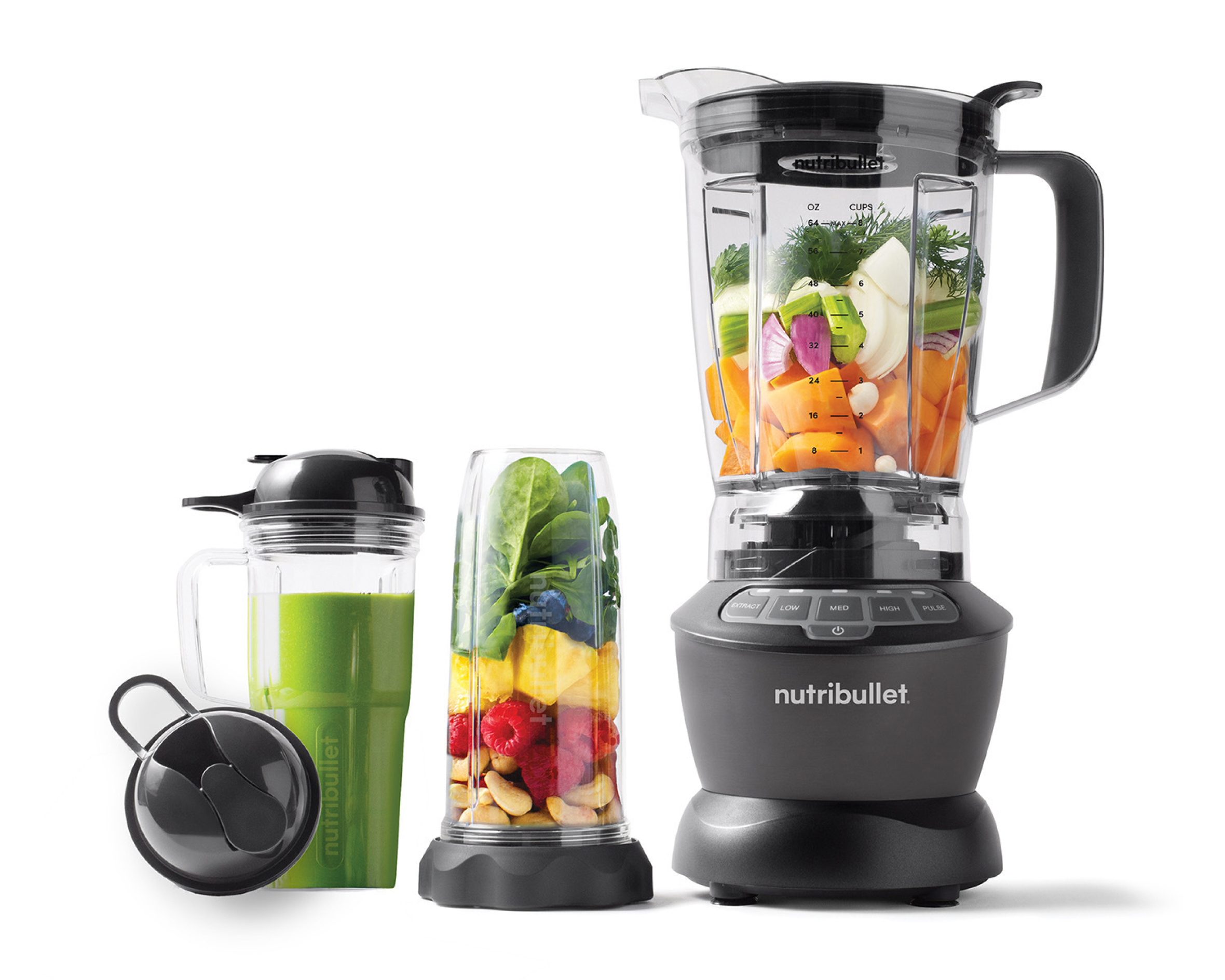 Dark Gray nutribullet Blender Combo NBF50500-23 base and pitcher with a separate 32-ounce cup and handled 24-ounce cup; staged ingredients are not package evidence.