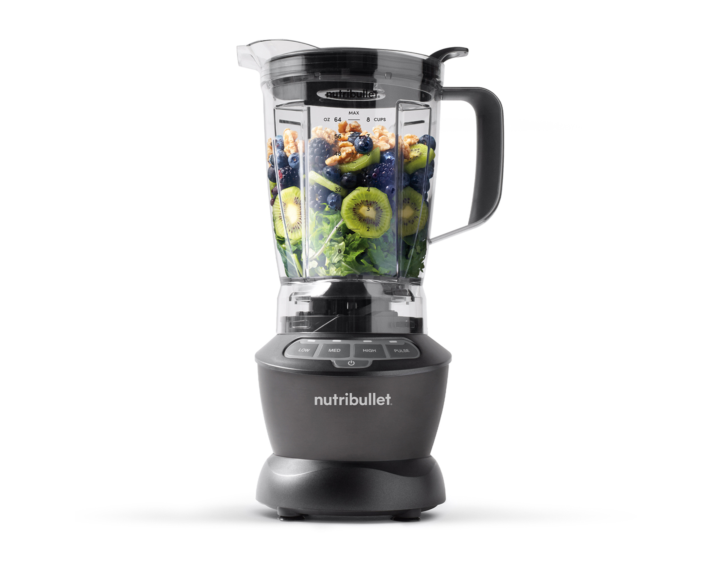 Dark Gray nutribullet NBF50400 countertop blender with marked 64-ounce pitcher; staged ingredients do not prove package add-ons or blending performance.