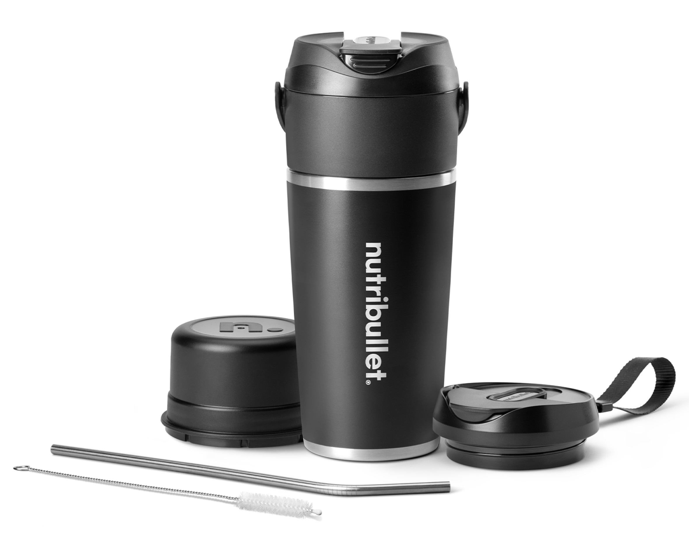 nutribullet Flip NBPB50350AK Black, insulated steel vessel, hybrid assembly and separately supplied drinking accessories.