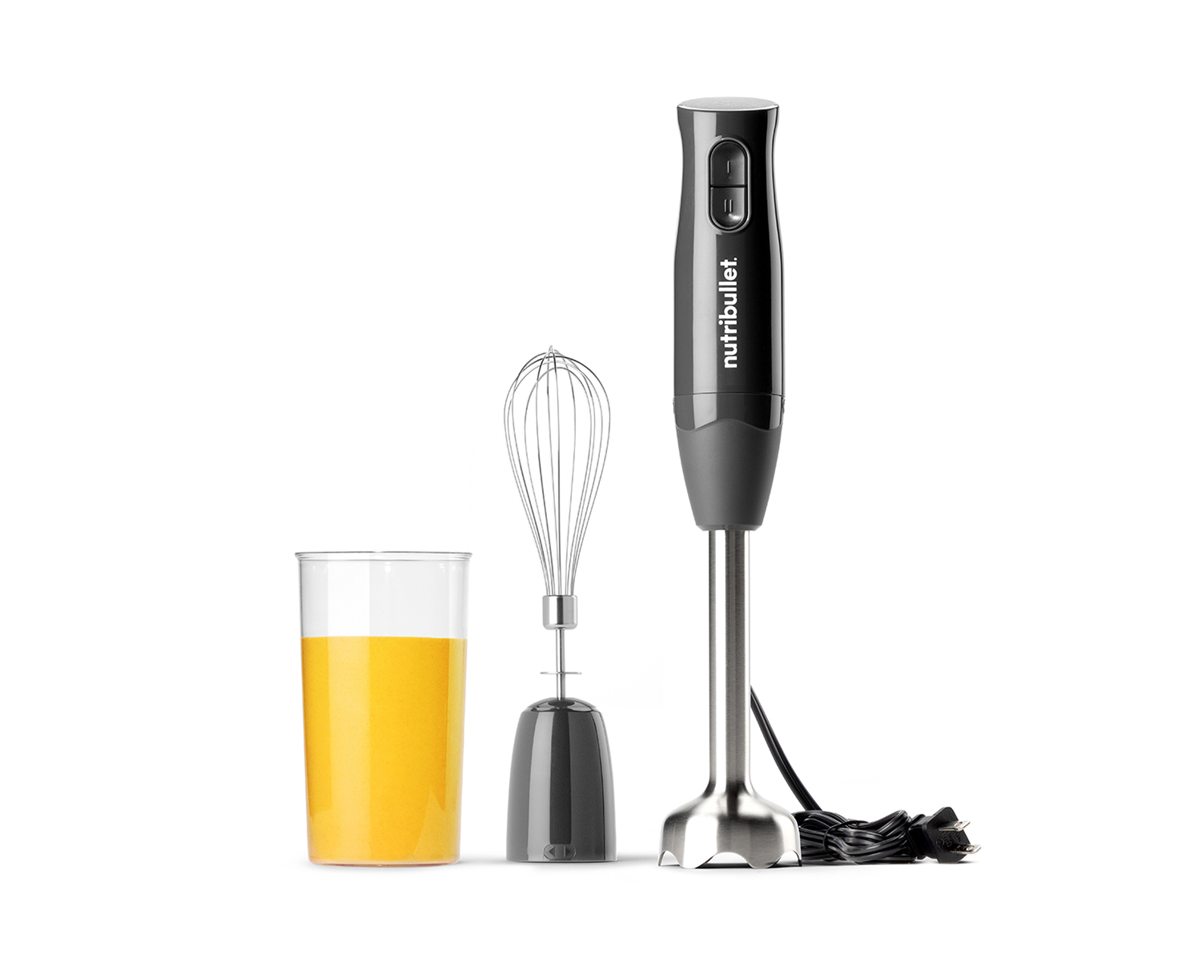 Dark gray nutribullet Lite NBI50200 handheld motor body with blending arm and cord, whisk and holder, and measuring/blending cup.