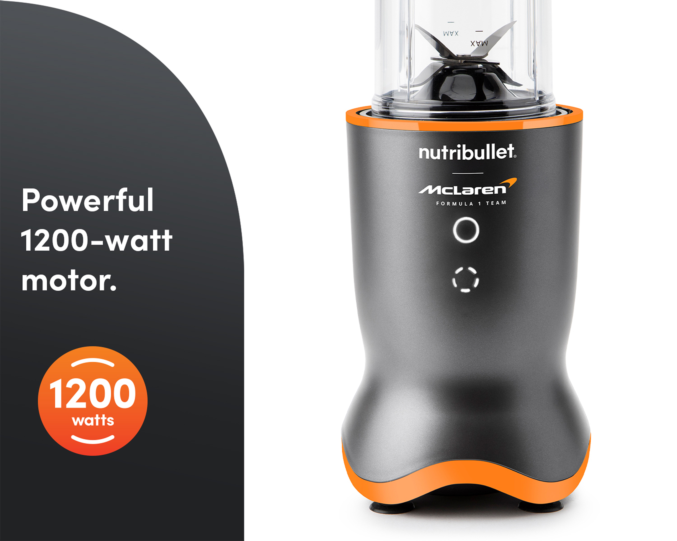 The nutribullet x McLaren Ultra NB30500MC gray-and-orange base with cup attached and the illuminated Blend/Pulse controls