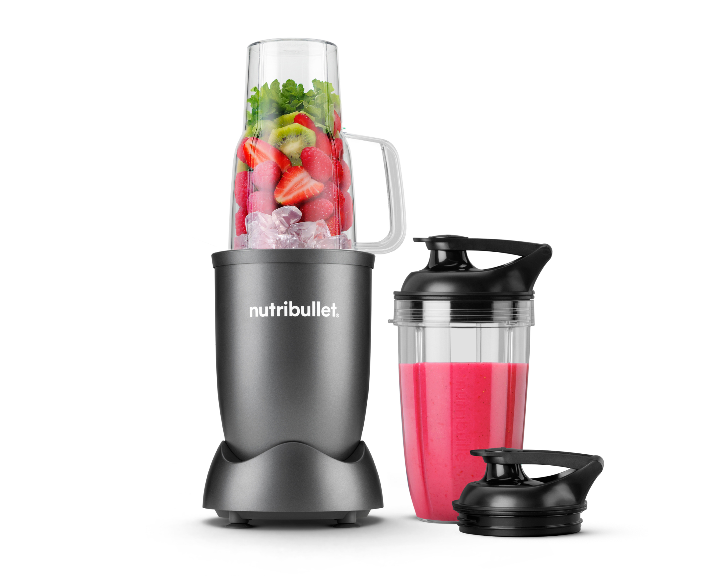 nutribullet Personal Blender 700W NB50150-02 with the 21-ounce handled tumbler, separate 24-ounce cup and two to-go lids.