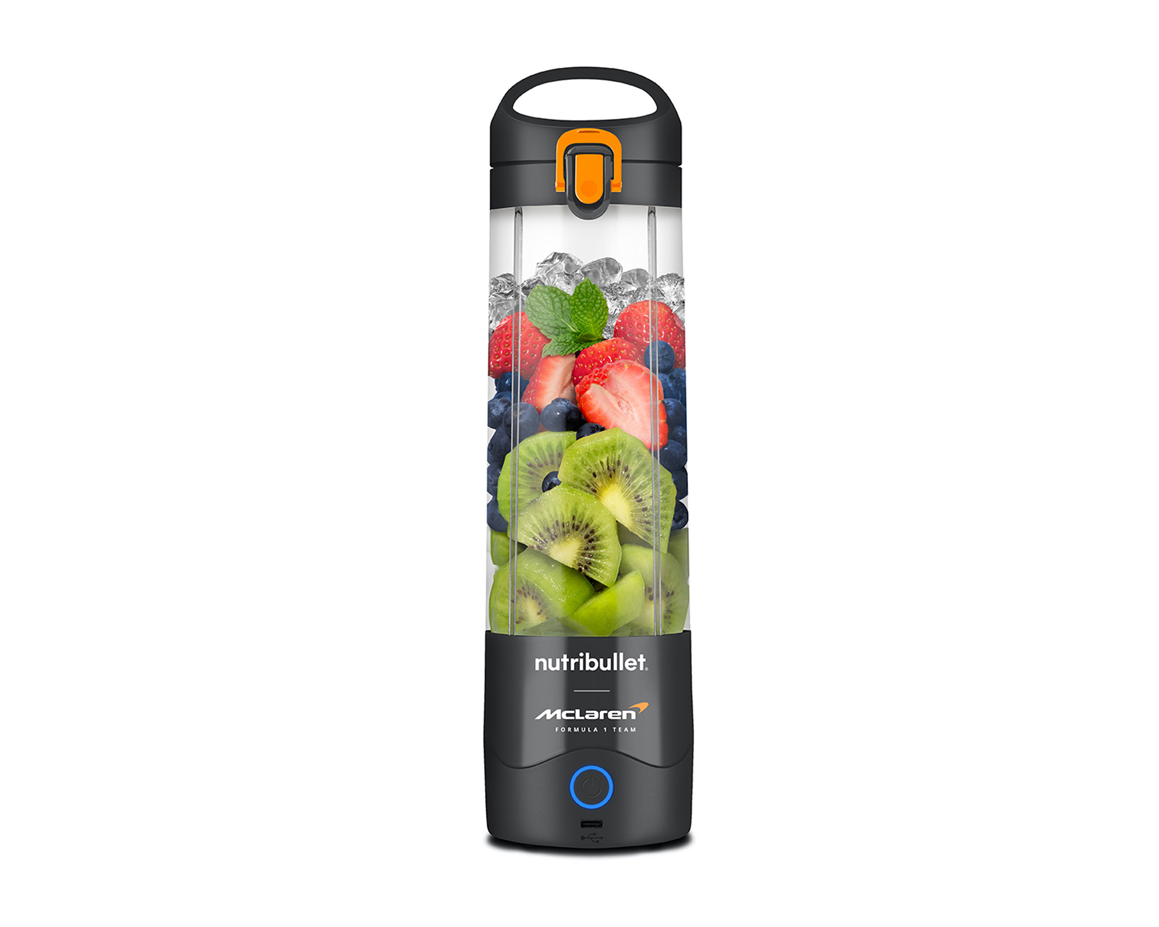 nutribullet x McLaren Portable NBPB50100MGMC in Gray, with orange accents and attached base.