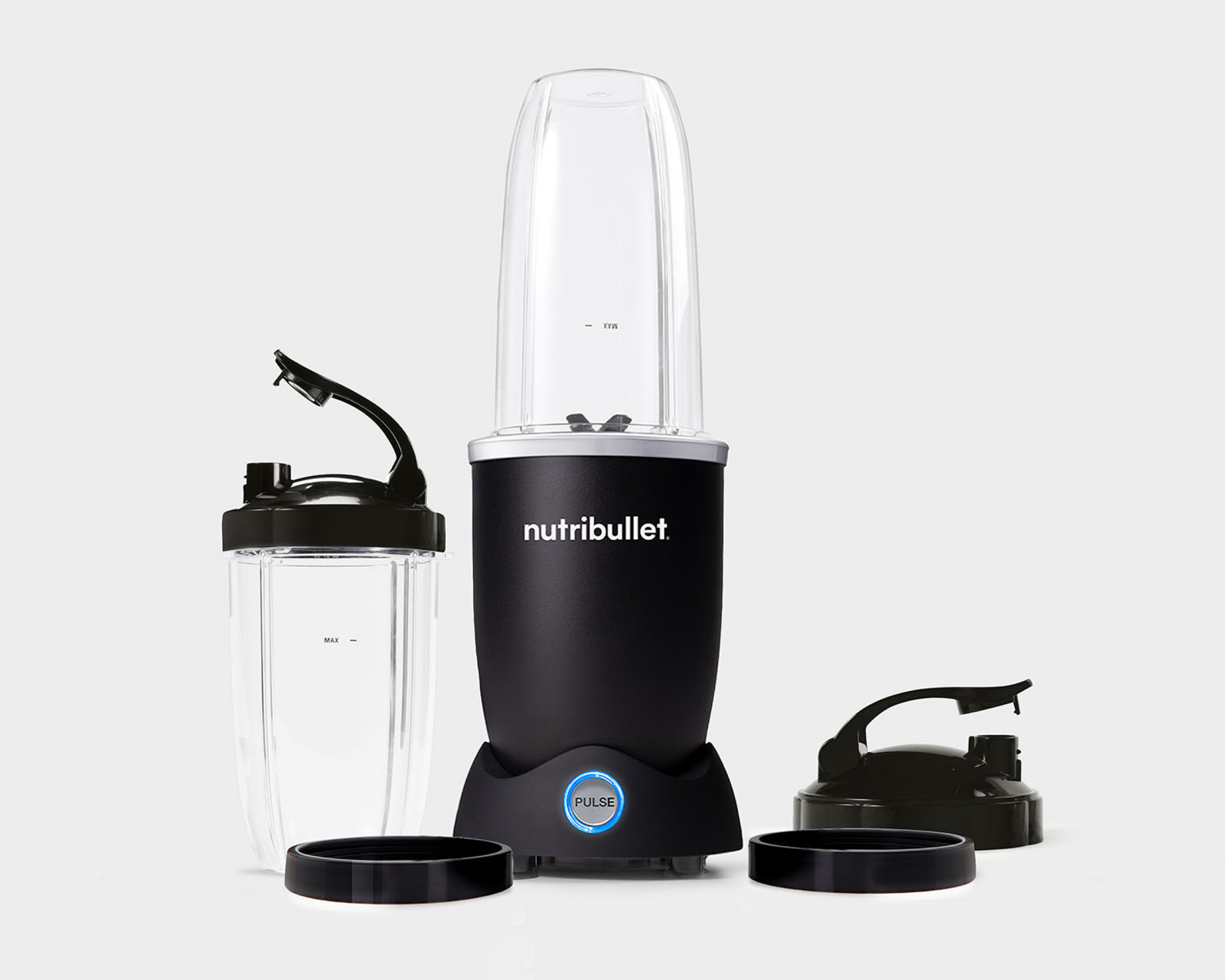 nutribullet Pro+ N12-1001MK Matte Black base with separate 24-ounce Tall Cup and 32-ounce Colossal Cup, To-Go Lids and Cup Rings.
