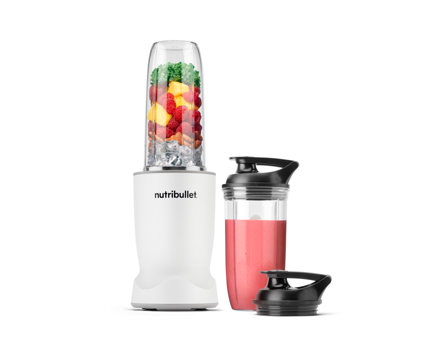 nutribullet Turbo Standard personal blender in Matte White, with 24- and 32-ounce cups and two separate to-go lids.