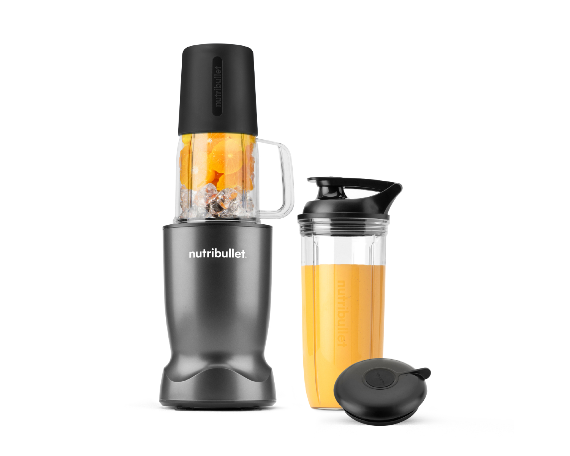 nutribullet Turbo Tumbler Edition in Gunmetal, with the handled 24-ounce tumbler, silicone boot and separate 32-ounce cup.