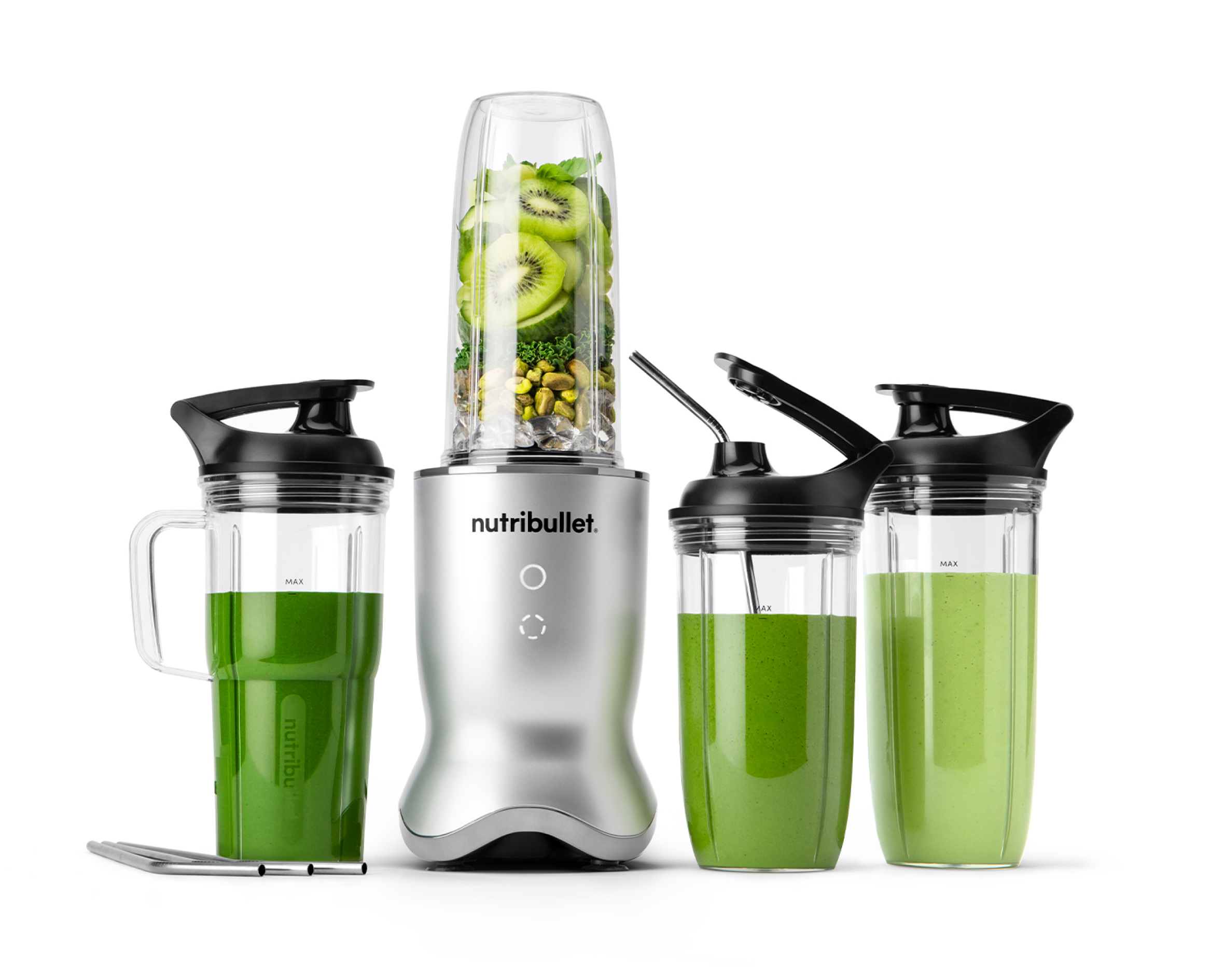 Silver nutribullet Ultra Deluxe NB80500-27 base shown with cups and lids in a manufacturer configuration image