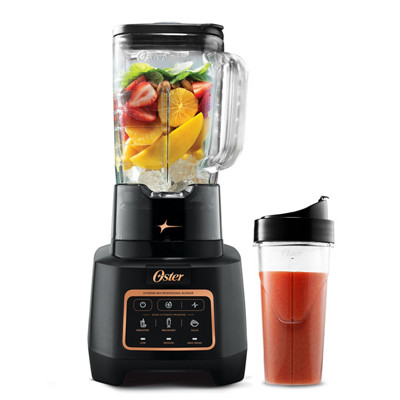 Exact page-linked Oster Extreme Mix Blender SAP 2211445 image showing the dark base, handled lidded vessel and smaller cup-shaped vessel.