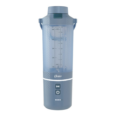 Oster GoMAX portable blender, Morning Haze finish, with blending vessel and lid.