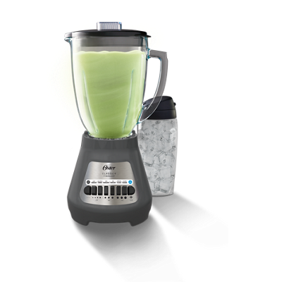 Grey Oster Party Blender SAP 2127389 with its glass pitcher and Blend-N-Go cup (manufacturer image).