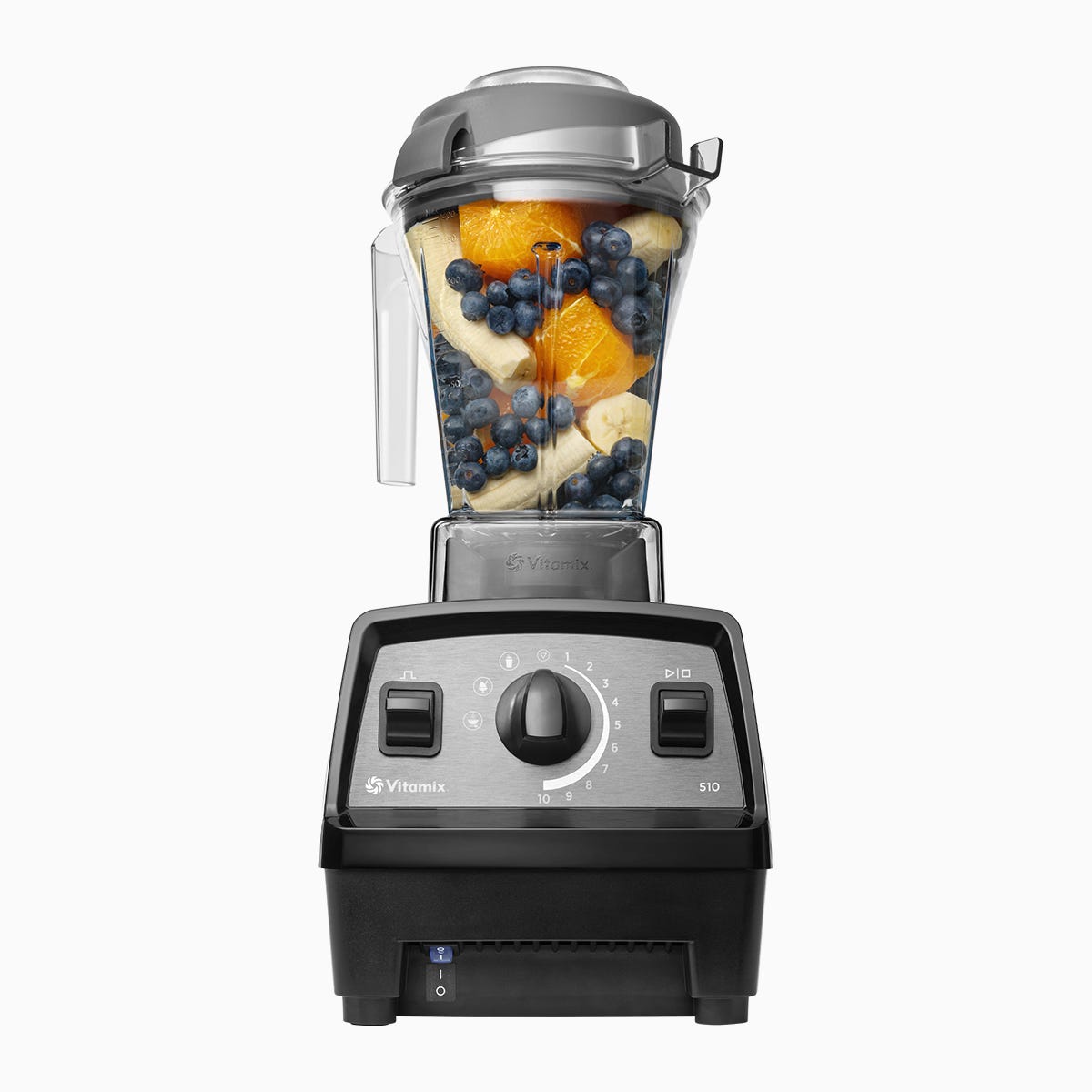 Vitamix Explorian E510 international reference with clear 1.4-litre container, lid, mini tamper and black motor base.