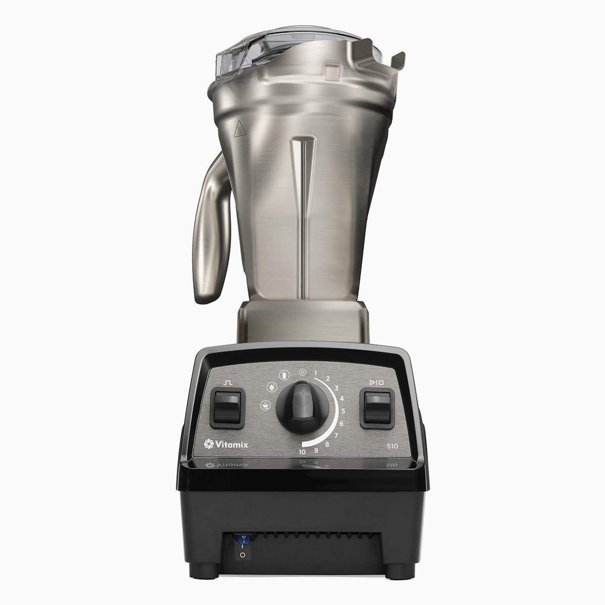 Vitamix E510 international product image depicting a metal-finish 1.4-litre container on a black E510 base.